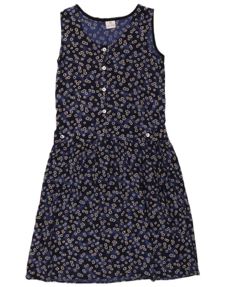 VINTAGE Womens Sleeveless Basic Dress UK 12 Medium Blue Floral Viscose