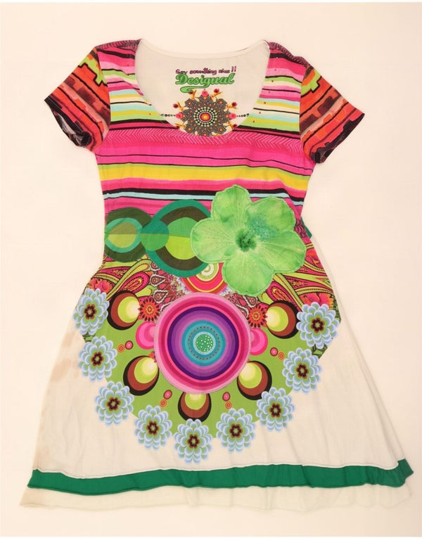 Desigual Womens Graphic A-Line Dress UK 20 2XL White Floral Cotton