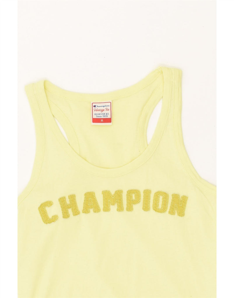 CHAMPION Womens Heritage Graphic Vest Top UK 12 Medium Yellow | Vintage Champion | Thrift | Second-Hand Champion | Used Clothing | Messina Hembry 