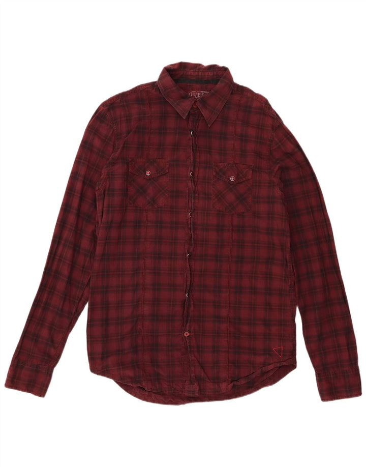 Guess Mens Graphic Flannel Shirt Large Burgundy Check Cotton