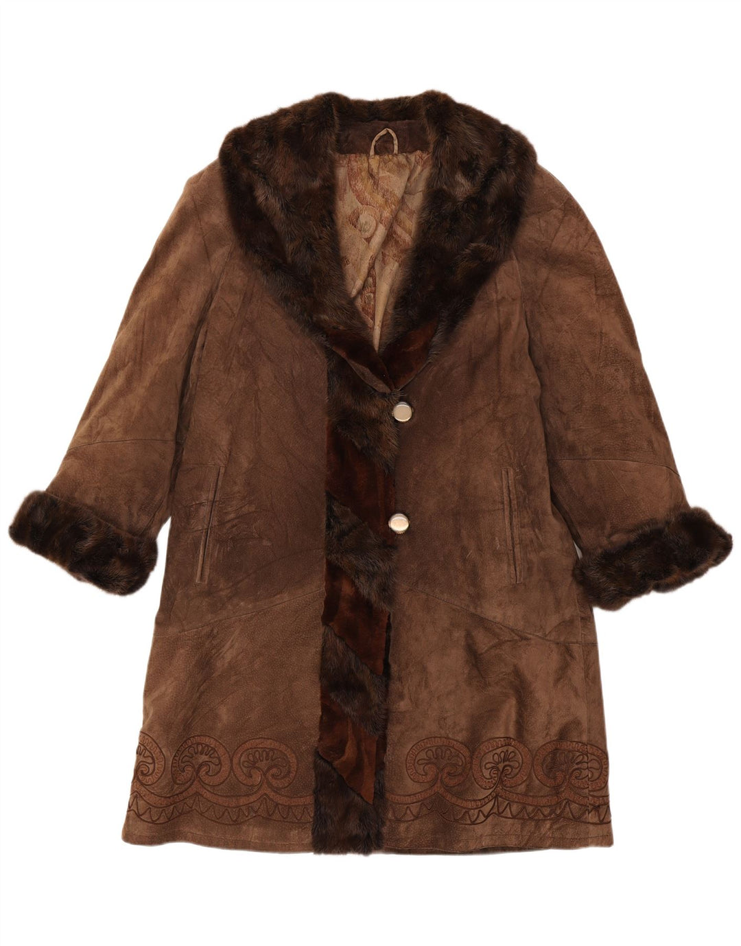 Vintage Womens Suede Overcoat UK 14 Medium Brown Paisley