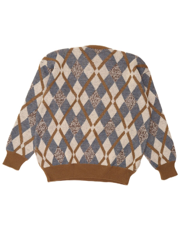 Vintage Mens Crew Neck Jumper Sweater IT 52 Large Brown Argyle/Diamond