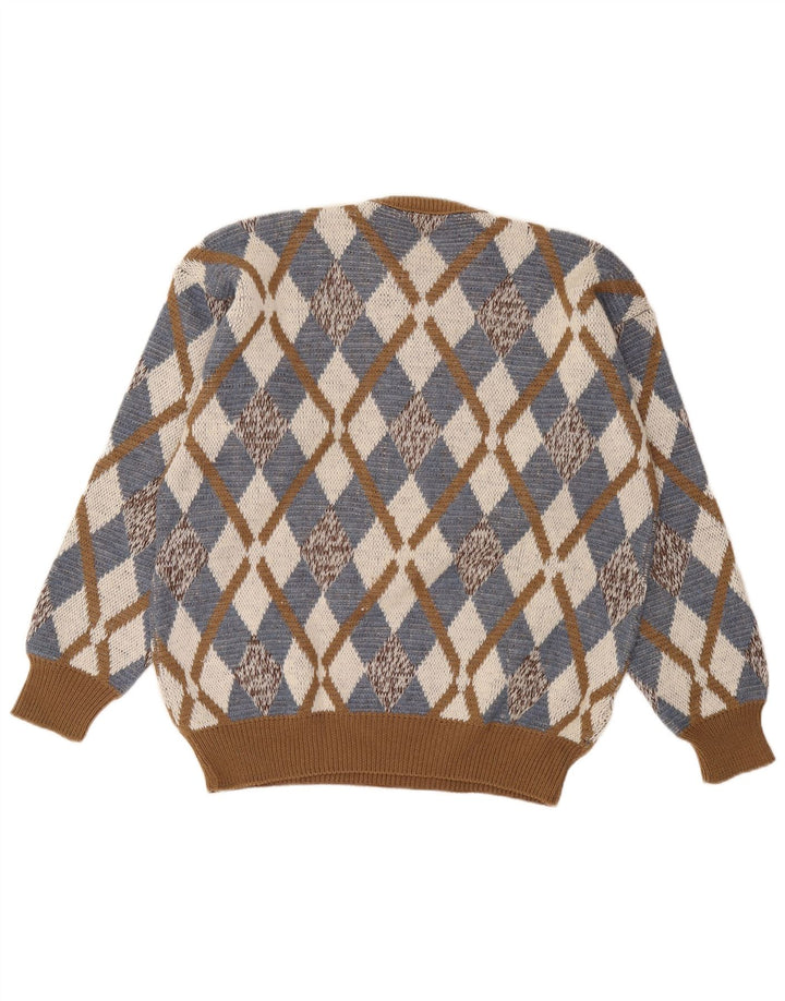Vintage Mens Crew Neck Jumper Sweater IT 52 Large Brown Argyle/Diamond