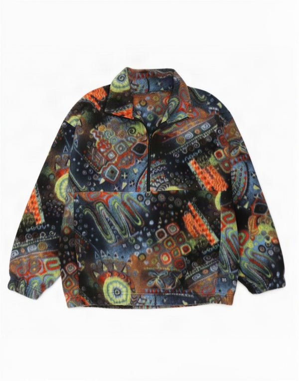 Vintage Mens Abstract Pattern Zip Neck Fleece Jumper Large Multicoloured