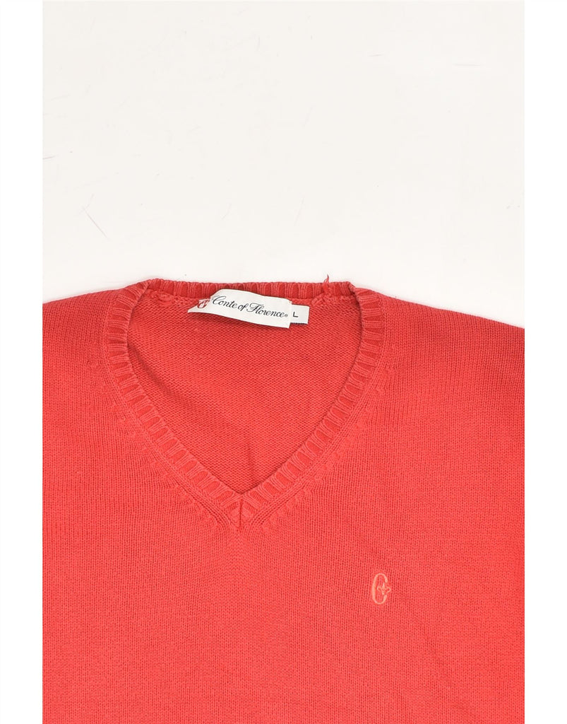 CONTE OF FLORENCE Womens V-Neck Jumper Sweater UK 14 Large Red Cotton | Vintage Conte of Florence | Thrift | Second-Hand Conte of Florence | Used Clothing | Messina Hembry 