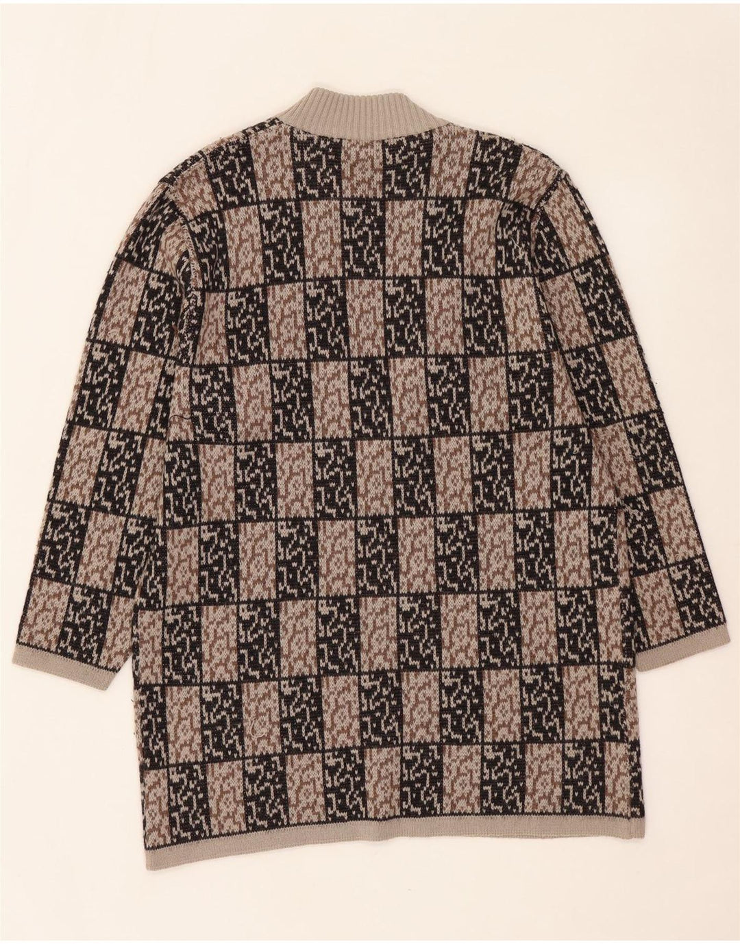VINTAGE Womens Longline Open Cardigan Sweater IT 44 Medium Brown Geometric