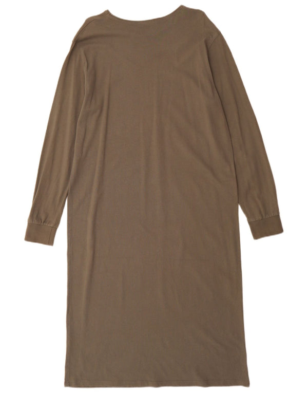 Zara Womens Long Sleeve Maxi Dress UK 16 Large Khaki Cotton