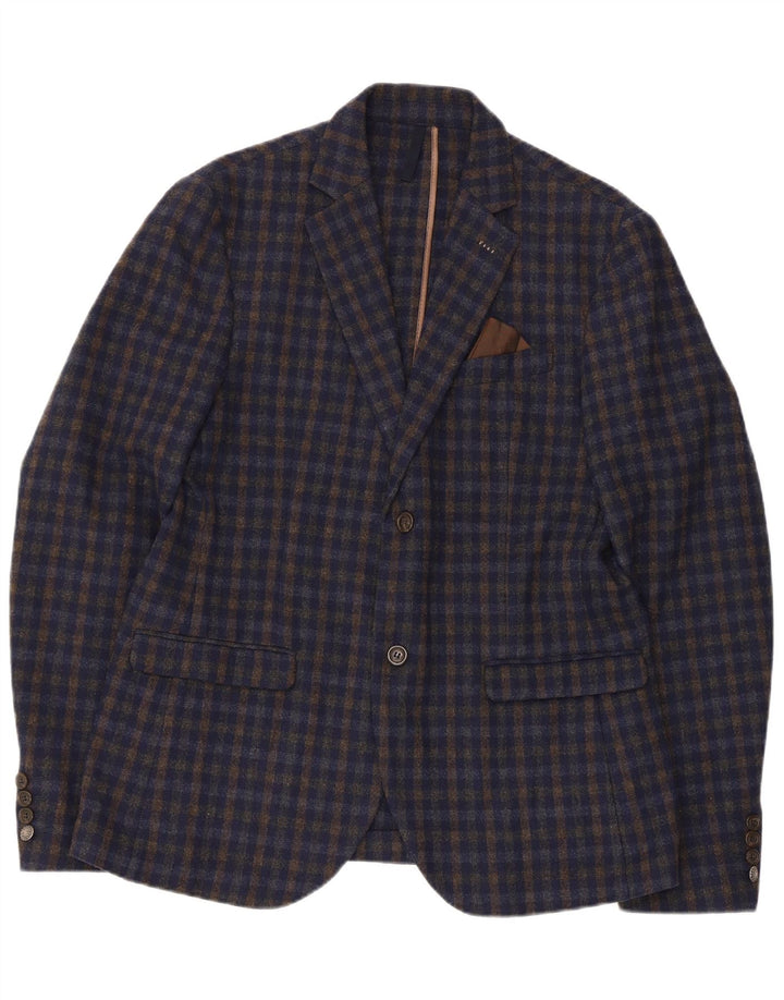 Vintage Mens 2 Button Blazer Jacket EU 52 XL Navy Blue Gingham Acrylic