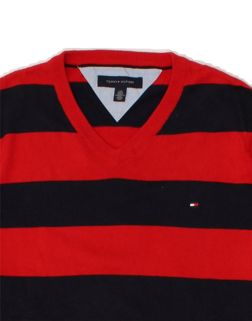 TOMMY HILFIGER Mens V-Neck Jumper Sweater Large Red Striped Cotton | Vintage Tommy Hilfiger | Thrift | Second-Hand Tommy Hilfiger | Used Clothing | Messina Hembry 