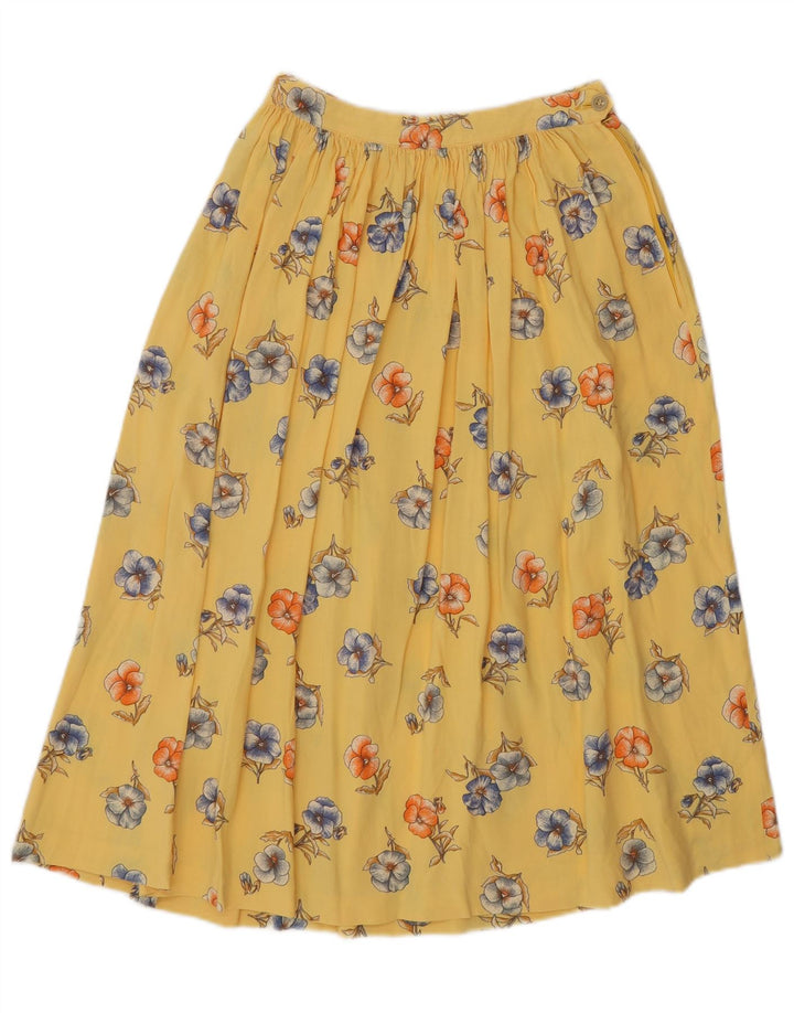 Vintage Womens Midi Flared Skirt W24 XS Yellow Floral