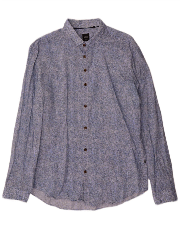Hugo Boss Mens Abstract Pattern Slim Fit Shirt Large Blue Cotton
