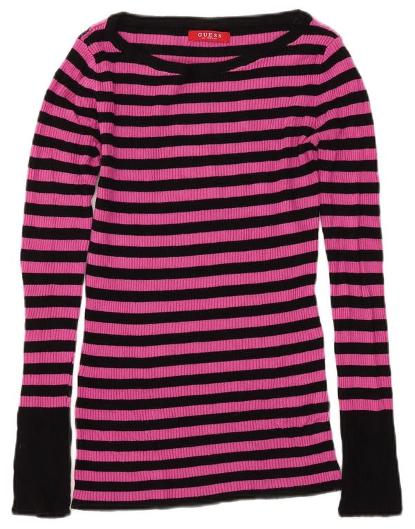 Guess Womens Top Long Sleeve UK 8 Small Pink Striped
