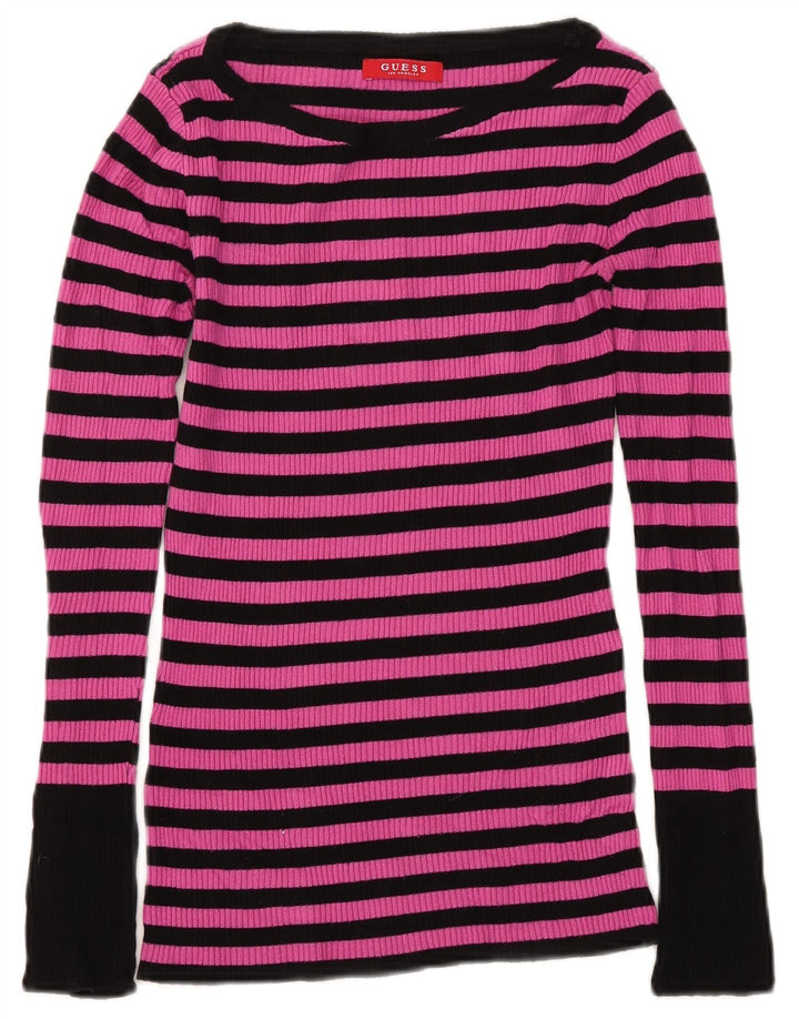 Guess Womens Top Long Sleeve UK 8 Small Pink Striped