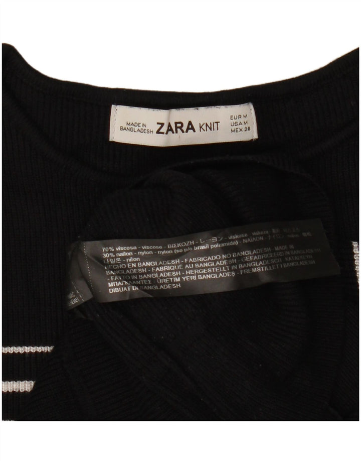 ZARA Womens Crop Boat Neck Jumper Sweater UK 12 Medium Black Striped