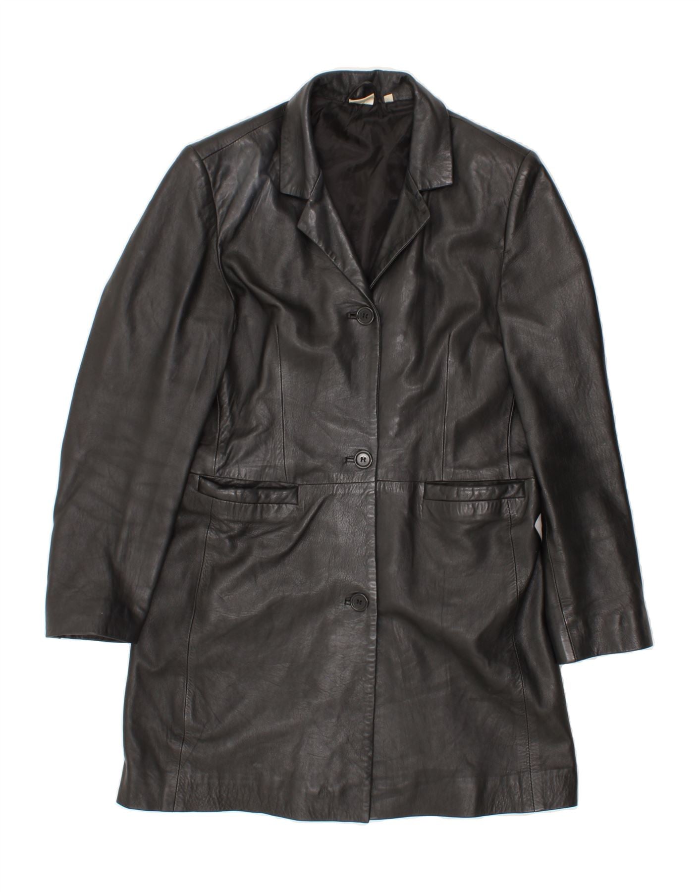 VINTAGE Womens Leather Coat UK 14 Medium Black Leather Vintage