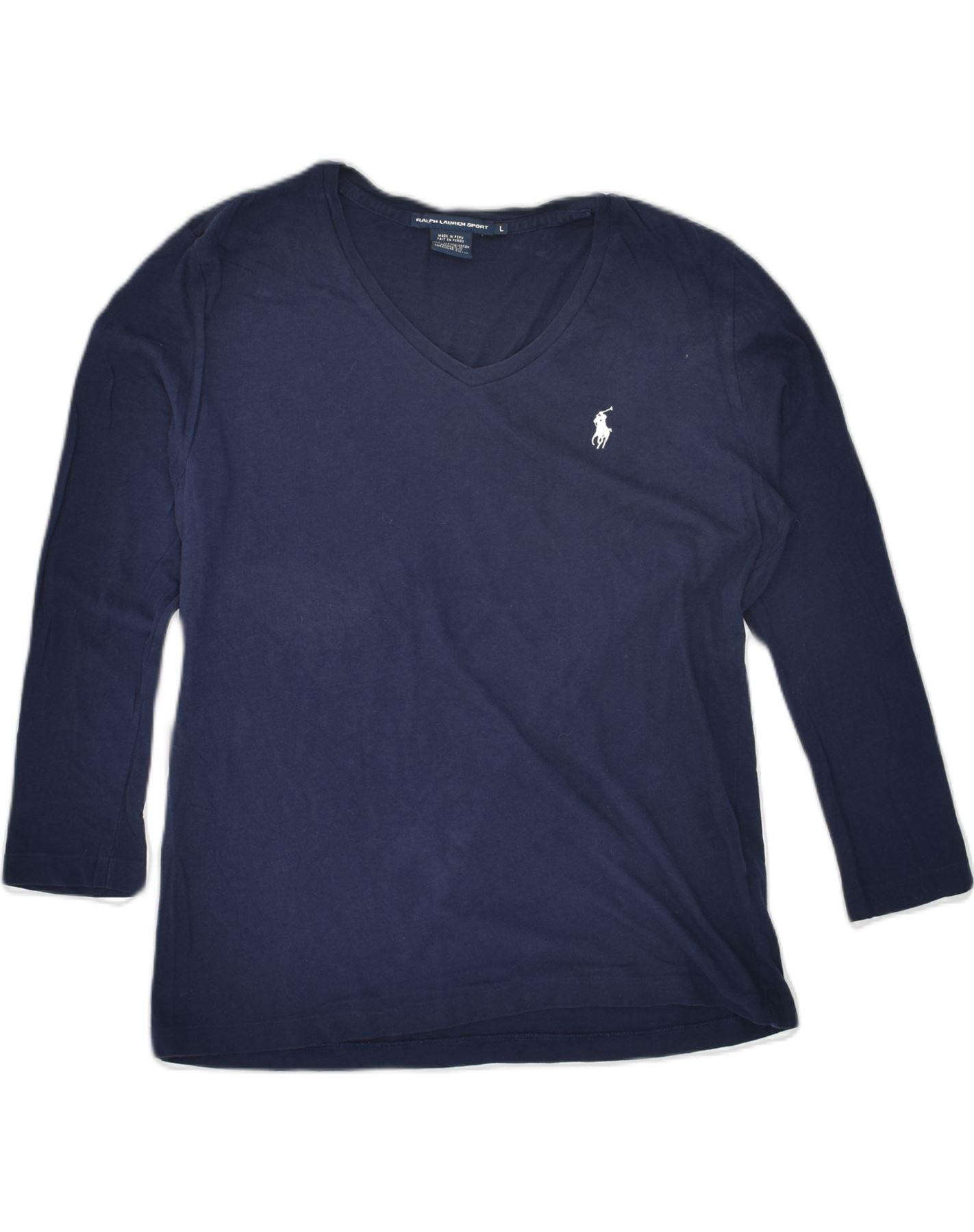 RALPH LAUREN POLO SPORT Womens Top 3/4 Sleeve UK 14 Large Navy Blue Cotton, Vintage & Second-Hand Clothing Online