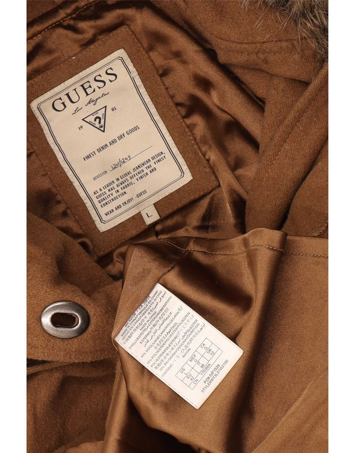 Guess Womens Short Hooded Overcoat UK 12 Medium Beige Wool