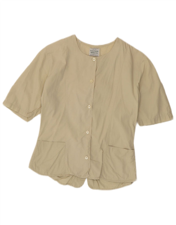 Benetton Womens Short Sleeve Shirt Blouse IT 42 Medium Beige Cotton