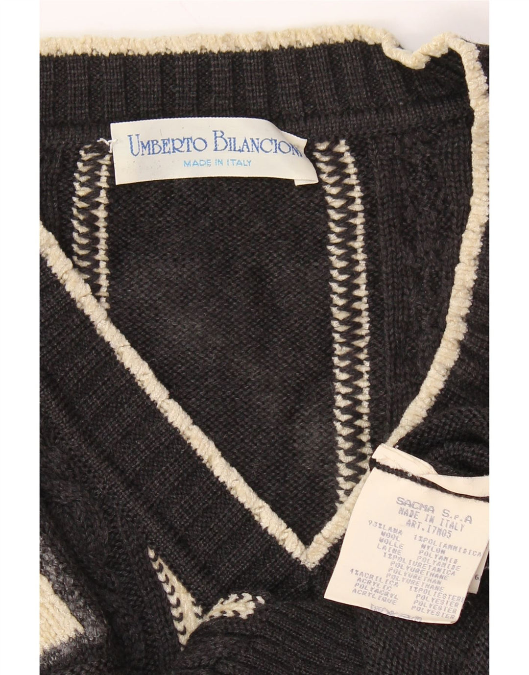 UMBERTO BILANCIONI Mens V-Neck Jumper Sweater 2XL Grey Geometric Wool