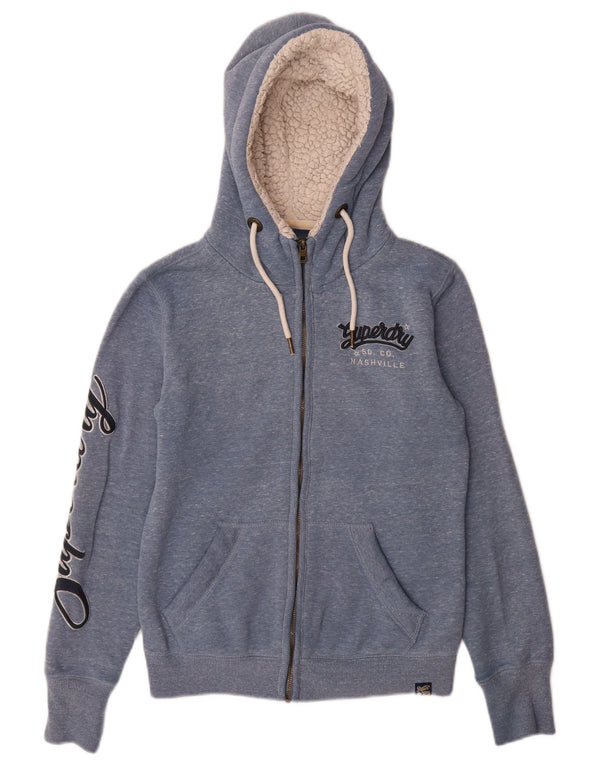 Superdry Womens Graphic Zip Hoodie Sweater UK 8 Small Blue Flecked Cotton