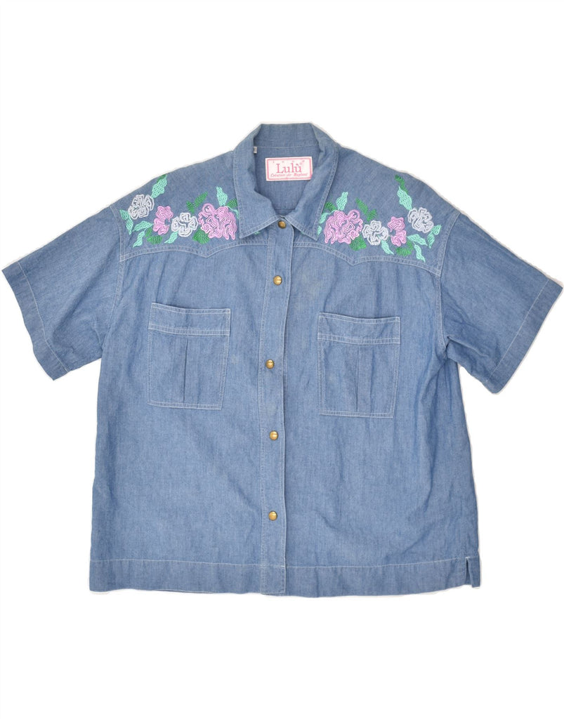 VINTAGE Womens Short Sleeve Denim Shirt UK 14 Medium Blue Floral | Vintage Vintage | Thrift | Second-Hand Vintage | Used Clothing | Messina Hembry 