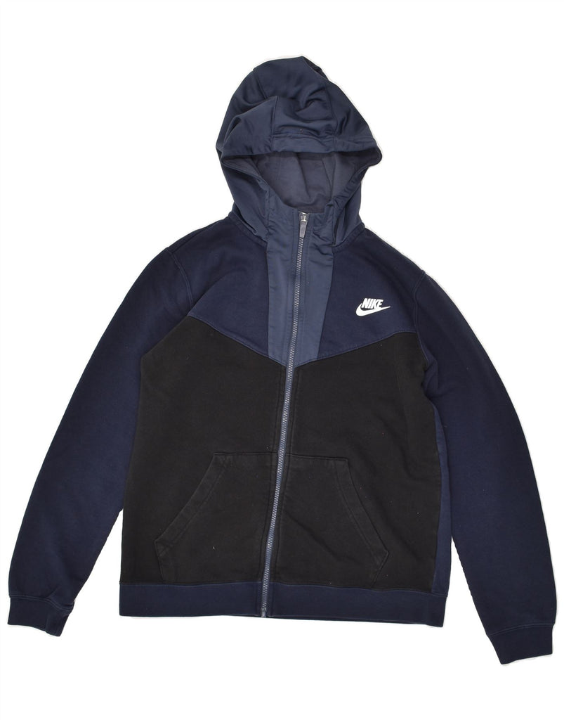 NIKE Boys Graphic Zip Hoodie Sweater 13-14 Years XL Navy Blue Colourblock Vintage Nike and Second-Hand Nike from Messina Hembry 