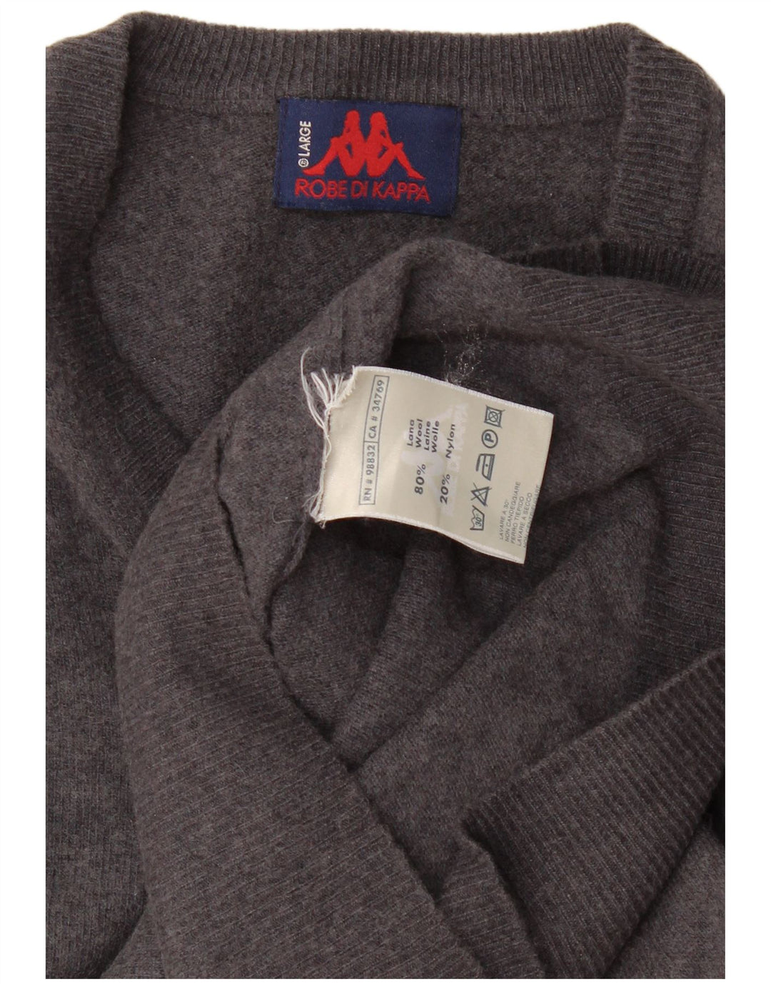 Kappa Mens V-Neck Jumper Sweater Large Grey Wool