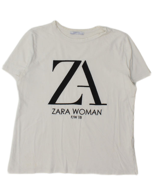 Zara Womens Graphic T-Shirt Top UK 14 Medium White Cotton