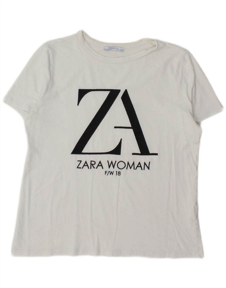 Zara Womens Graphic T-Shirt Top UK 14 Medium White Cotton
