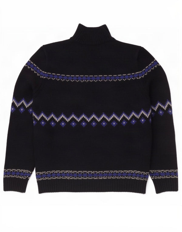 Massimo Dutti Mens Button Neck Jumper Sweater Large Navy Blue Fair Isle