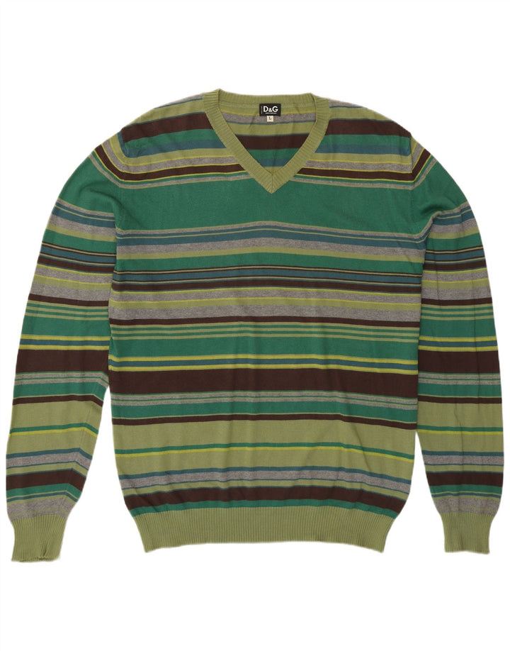 Dolce & Gabbana Mens V-Neck Jumper Sweater Large Green Striped Cotton
