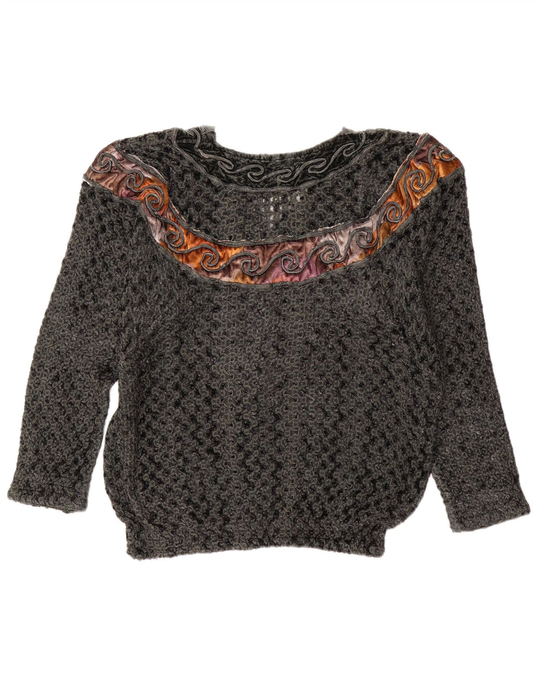 Vintage Womens V-Neck Jumper Sweater UK 14 Large Grey Colourblock