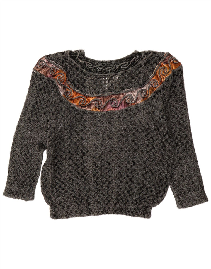 Vintage Womens V-Neck Jumper Sweater UK 14 Large Grey Colourblock