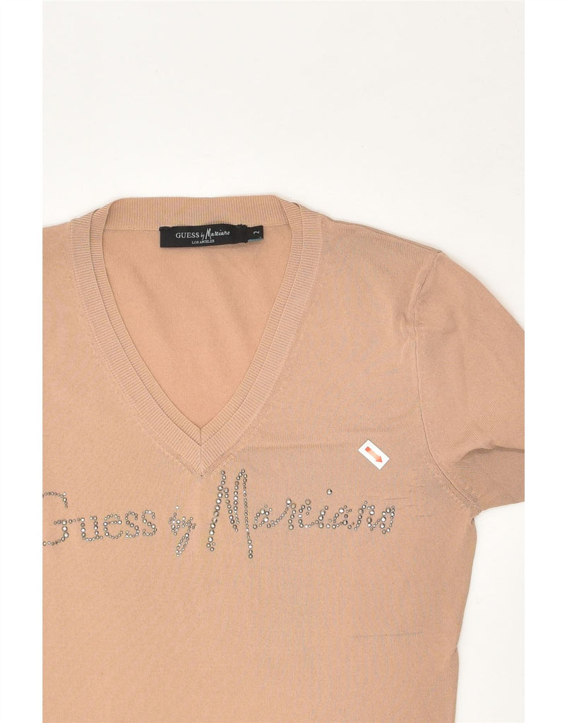 GUESS BY MARCIANO Womens Graphic V-Neck Jumper Sweater US 2 XS Beige | Vintage Guess By Marciano | Thrift | Second-Hand Guess By Marciano | Used Clothing | Messina Hembry 