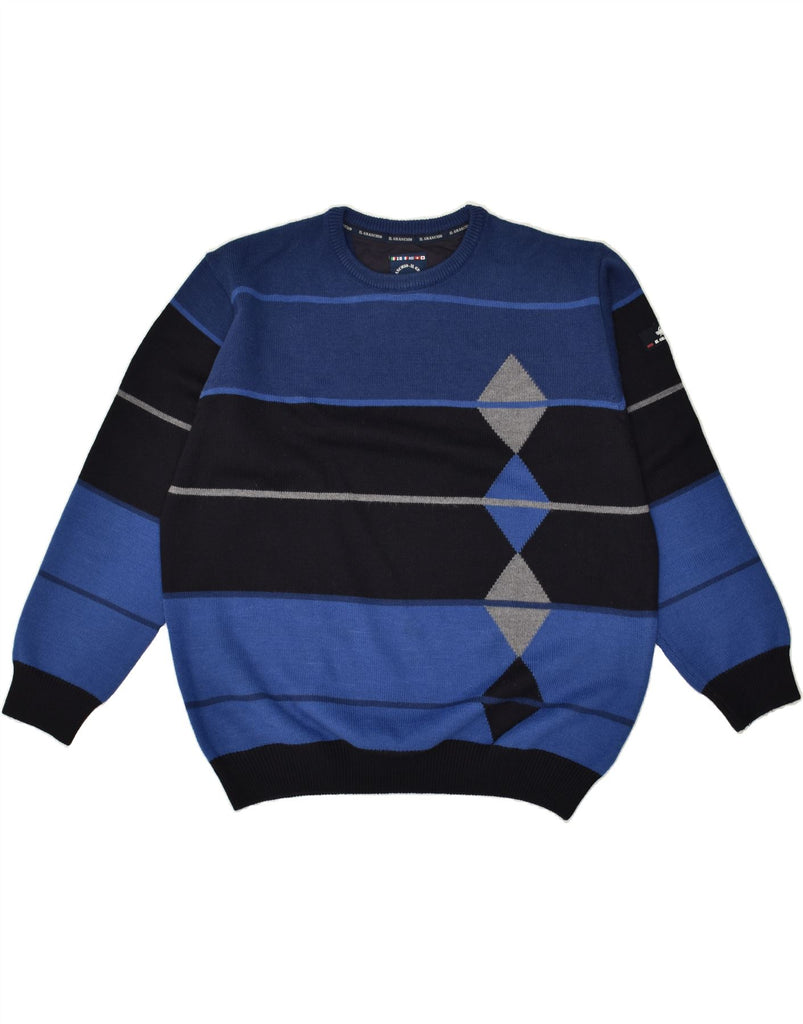 IL GRANCHIO Mens Crew Neck Jumper Sweater Large Blue Colourblock | Vintage Il Granchio | Thrift | Second-Hand Il Granchio | Used Clothing | Messina Hembry 