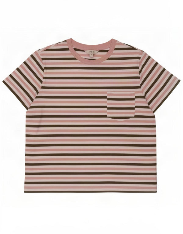 Marks & Spencer Womens T-Shirt Top UK 14 Large Pink Striped Cotton