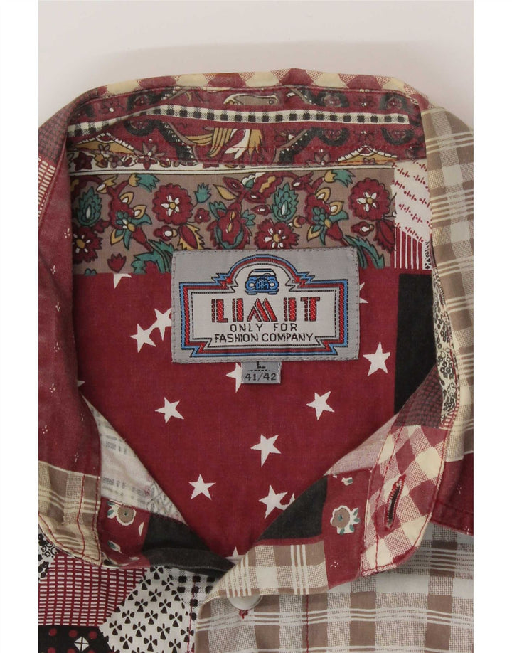 Limit Mens Shirt UK 41/42 Large Burgundy Patchwork Cotton