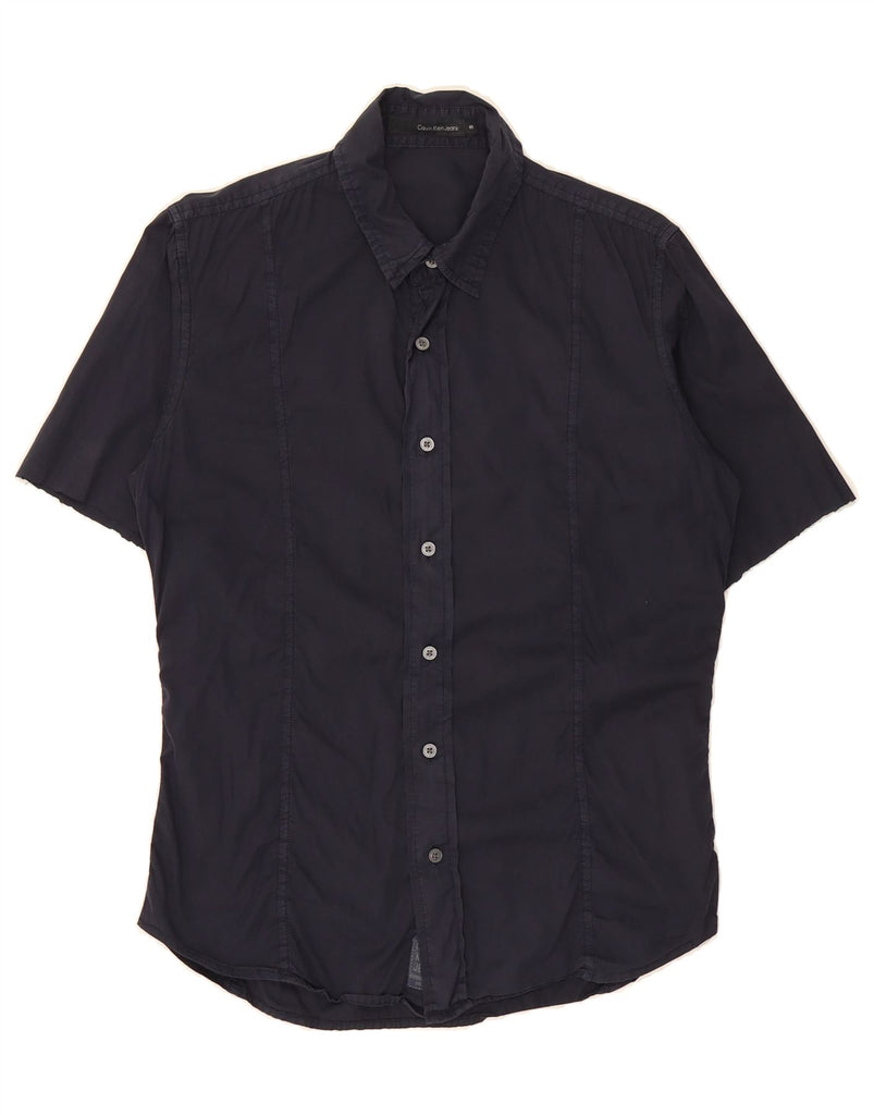 CALVIN KLEIN Mens Graphic Short Sleeve Shirt Small Navy Blue Cotton Vintage Calvin Klein and Second-Hand Calvin Klein from Messina Hembry 