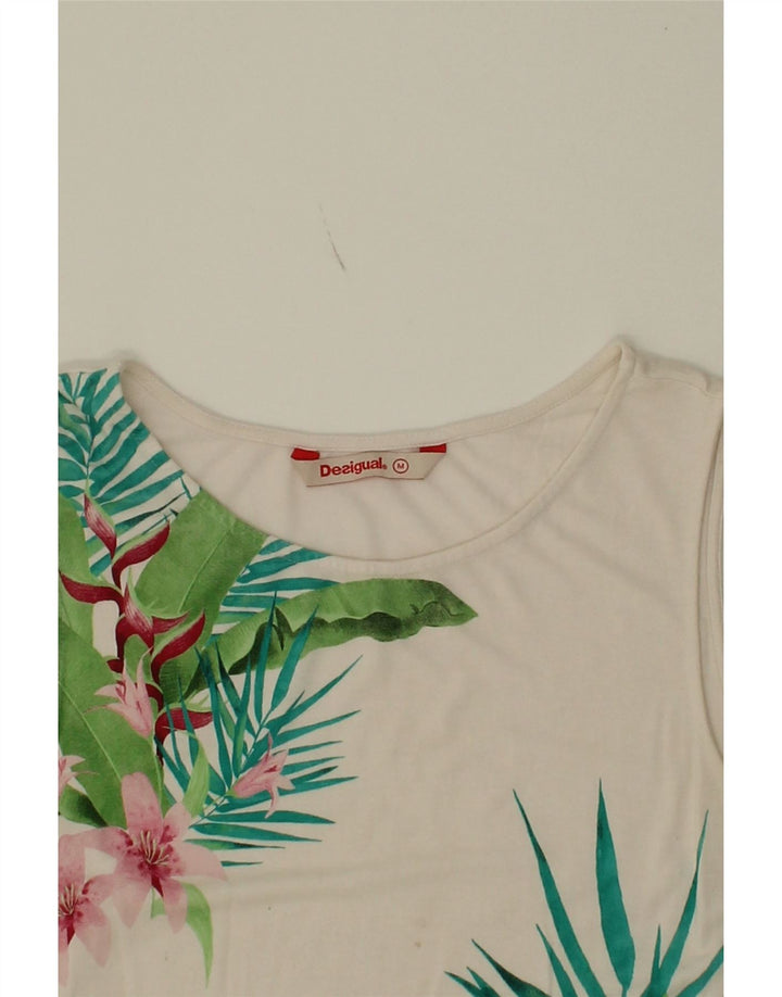DESIGUAL Womens Asymmetric Tunic Top UK 12 Medium White Floral Cotton Vintage Desigual and Second-Hand Desigual from Messina Hembry 