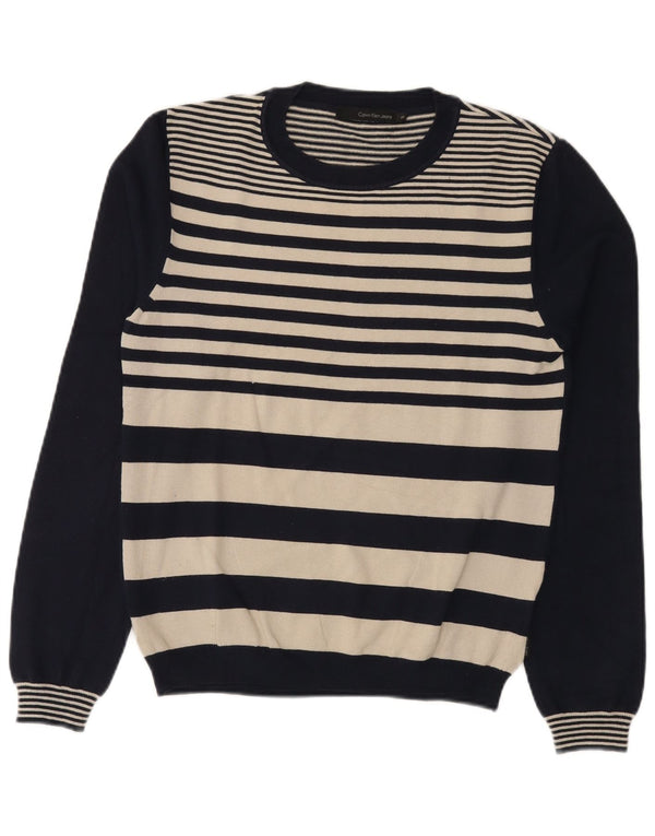 Calvin Klein Jeans Mens Boat Neck Jumper Sweater Small Navy Blue Striped
