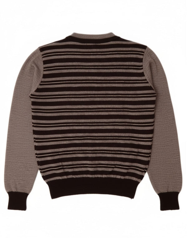 JECKERSON Girls V-Neck Jumper Sweater 9-10 Years Large Grey Striped Wool