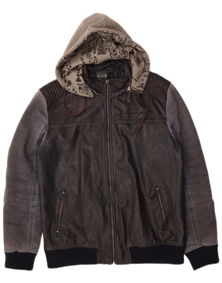 Desigual Mens Hooded Bomber Jacket UK 42 XL Navy Blue Polyurethane