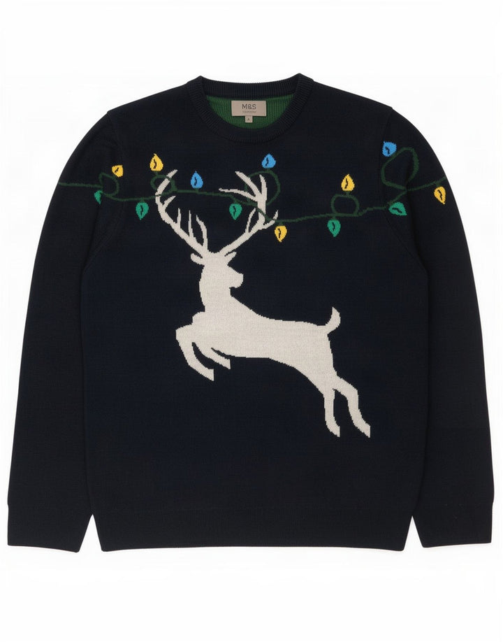 Marks & Spencer Mens Crew Neck Jumper Sweater Large Navy Blue Christmas