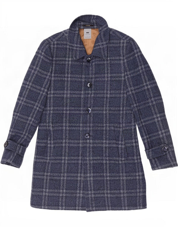Vintage Mens Overcoat IT 46 Small Navy Blue Check Polyester