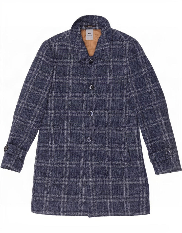 Vintage Mens Overcoat IT 46 Small Navy Blue Check Polyester