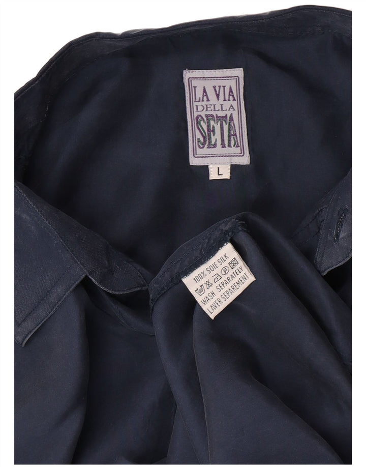 Vintage Mens Shirt Large Navy Blue Silk