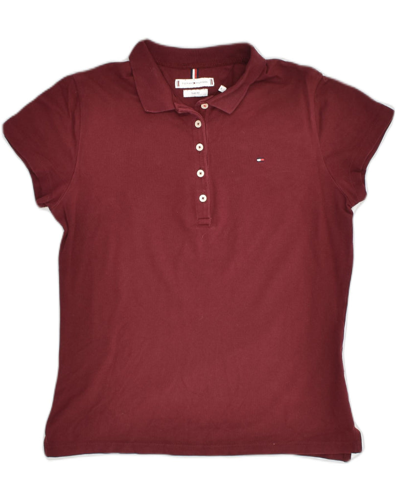 TOMMY HILFIGER Womens Slim Fit Polo Shirt UK 12 Medium Maroon Cotton | Vintage Tommy Hilfiger | Thrift | Second-Hand Tommy Hilfiger | Used Clothing | Messina Hembry 