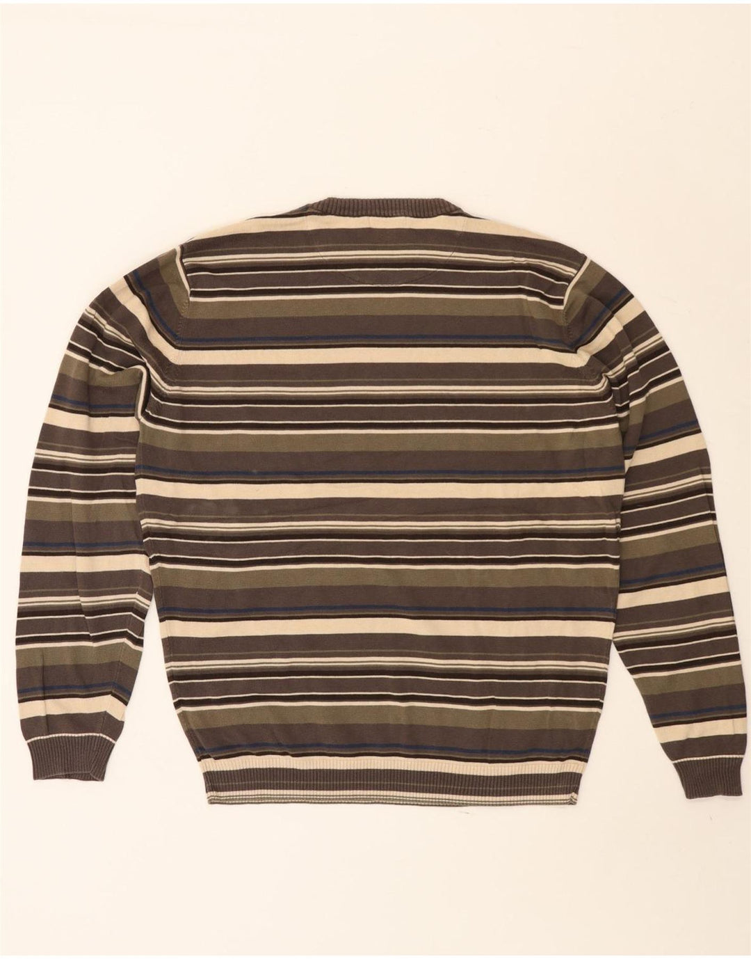 J. Crew Mens Crew Neck Jumper Sweater Medium Khaki Striped Cotton
