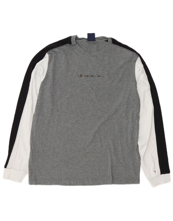Champion Mens Graphic Top Long Sleeve Large Grey Colourblock Cotton