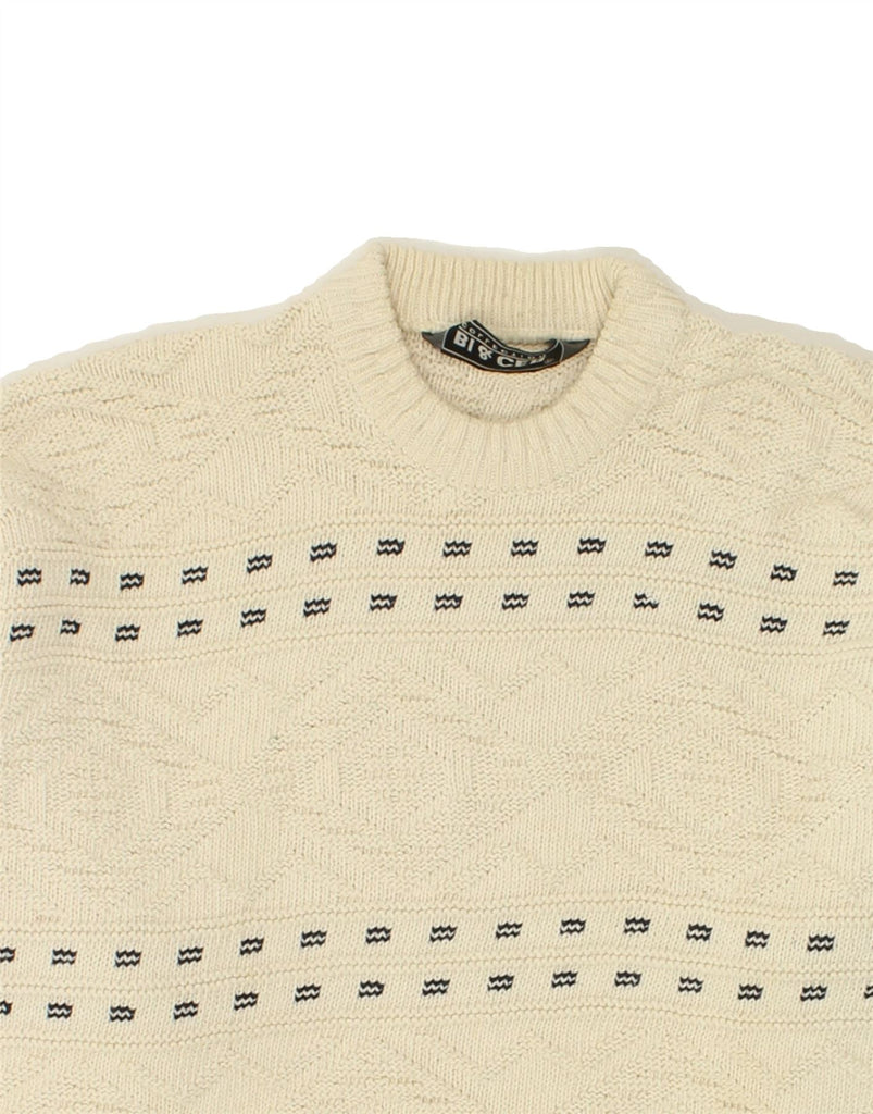 VINTAGE Mens Crew Neck Jumper Sweater Medium Beige Striped Cotton Vintage Vintage and Second-Hand Vintage from Messina Hembry 